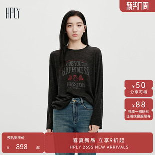 【商场同款】HPLY荷比俪2026春新款绵羊毛宽松圆领印花长袖羊毛衫