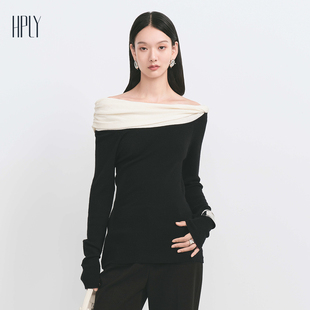 女撞色扭结一字肩时尚 新款 于明加同款 毛衫 HPLY荷比俪冬季