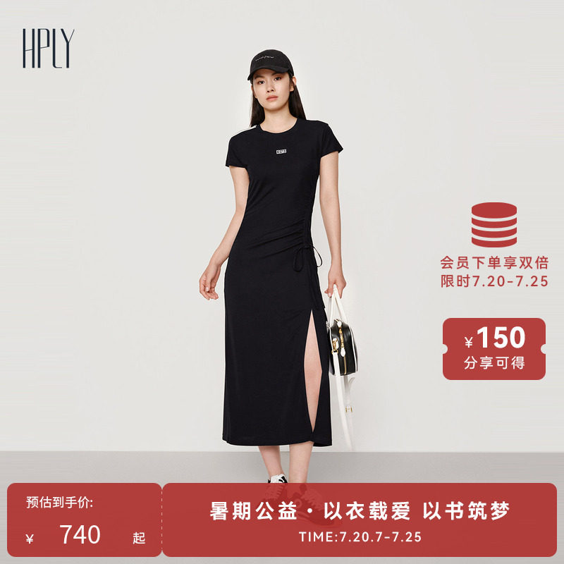 HPLY荷比俪秋新款女黑色简约圆领侧边绑带修身连衣裙长裙