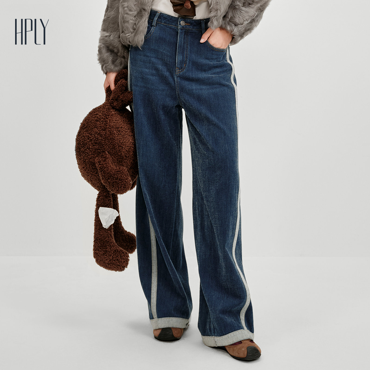 休闲阔腿 水洗牛仔 高腰剪裁