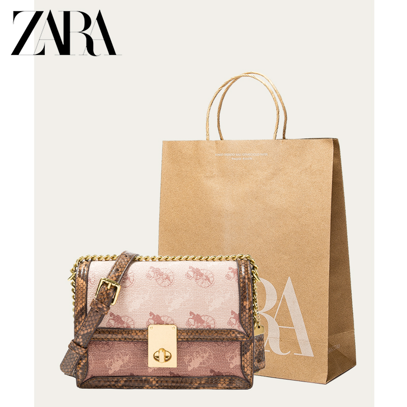 ZARA女包链条哈顿包包女2021新款潮百搭复古蛇纹单肩斜挎包小方包