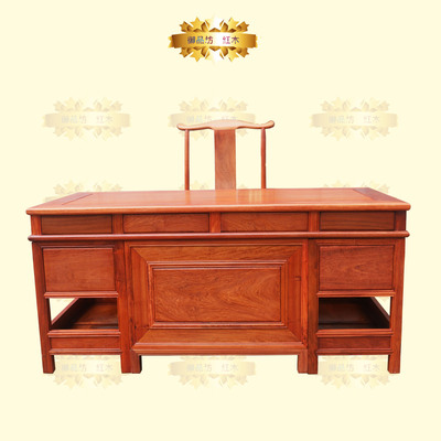 缅甸花梨办公台二件套 大果紫檀老板桌配官帽椅 面板尺寸180*90