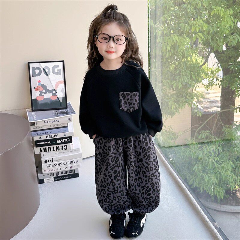 女童套装韩版新款春秋儿童女宝宝豹纹卫衣休闲裤两件套洋气运动服