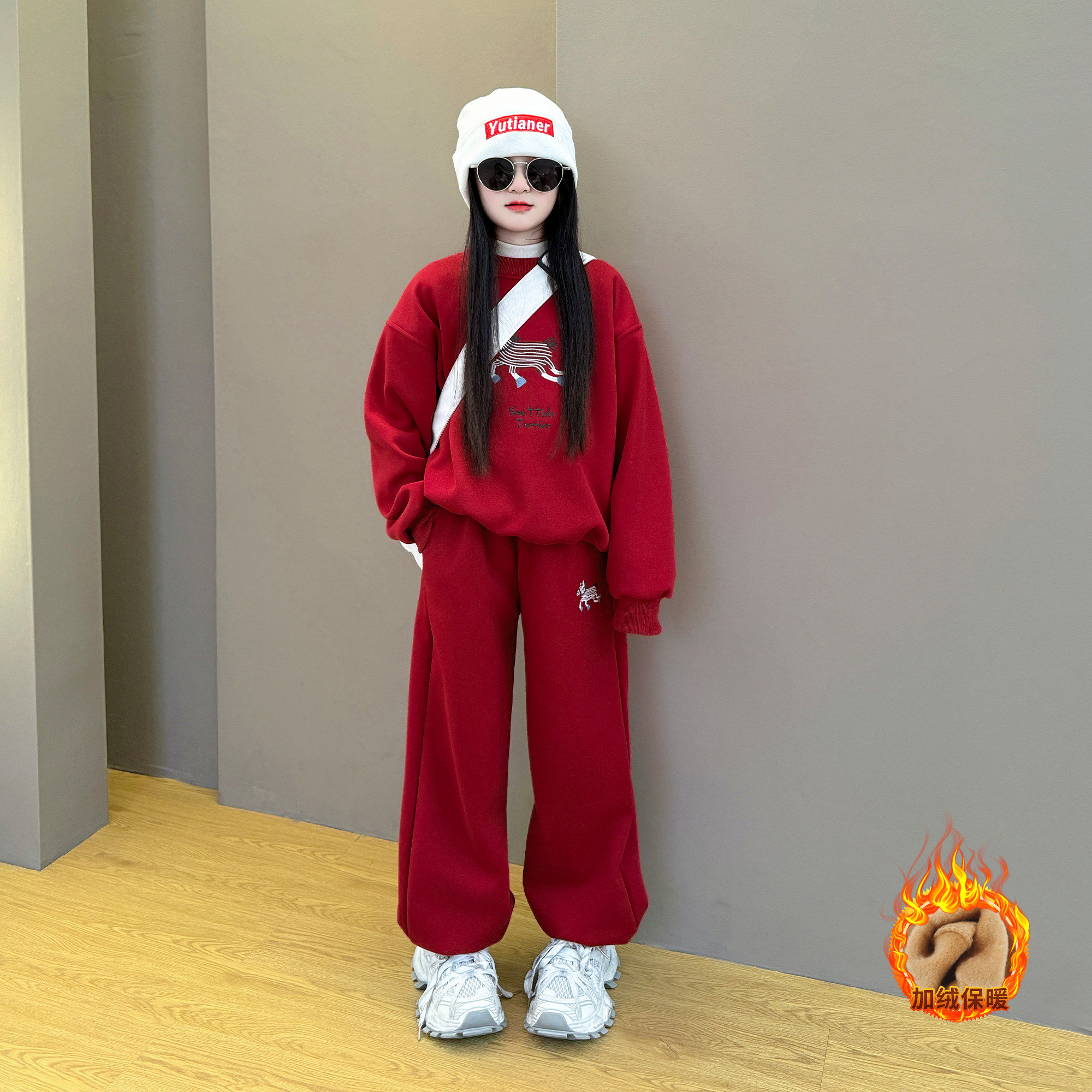 女童2025新款儿童秋冬季时尚韩系新年刺绣年服加绒卫衣卫裤两件套,童装/婴儿装/亲子装,运动裤卫裤,淘宝优惠券,粉丝福利购,淘宝优惠卷