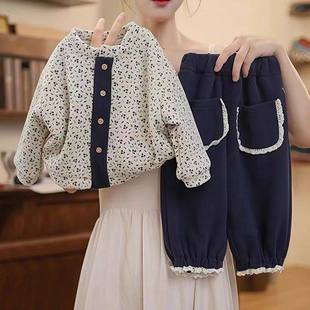 女童碎花加绒外套花苞裤套装秋冬2025新款儿童内搭棉袄花边保暖裤
