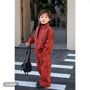 男童新年服红格子套装2026秋冬季新款中小童加厚外套上衣洋气裤子