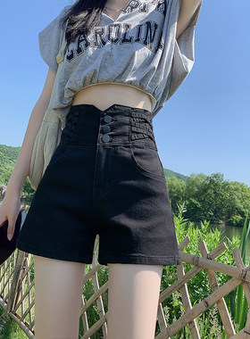 黑色高腰夏季 爆火三扣设计感小众a字修身显瘦牛仔短裤女