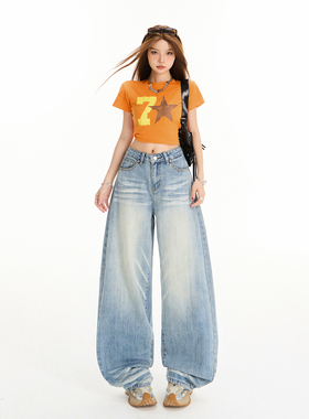 YC&美式复古怀旧宽松阔腿裤高腰猫咪纹百搭垂感春夏直筒牛仔裤女