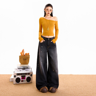 牛仔长裤墨点设计感斑点2025新款秋冬拖地宽松阔腿裤美式做旧涂鸦