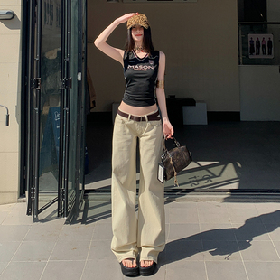 25th ｜美式 辣妹低腰杏色闊腿牛仔春新款 寬松顯瘦直筒拖地 ootd