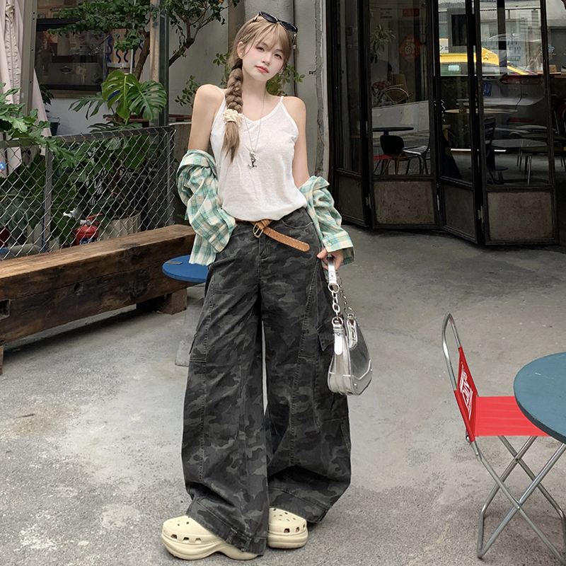 美式复古迷彩工装牛仔裤女春秋款2025新款辣妹高街直筒休闲阔腿裤