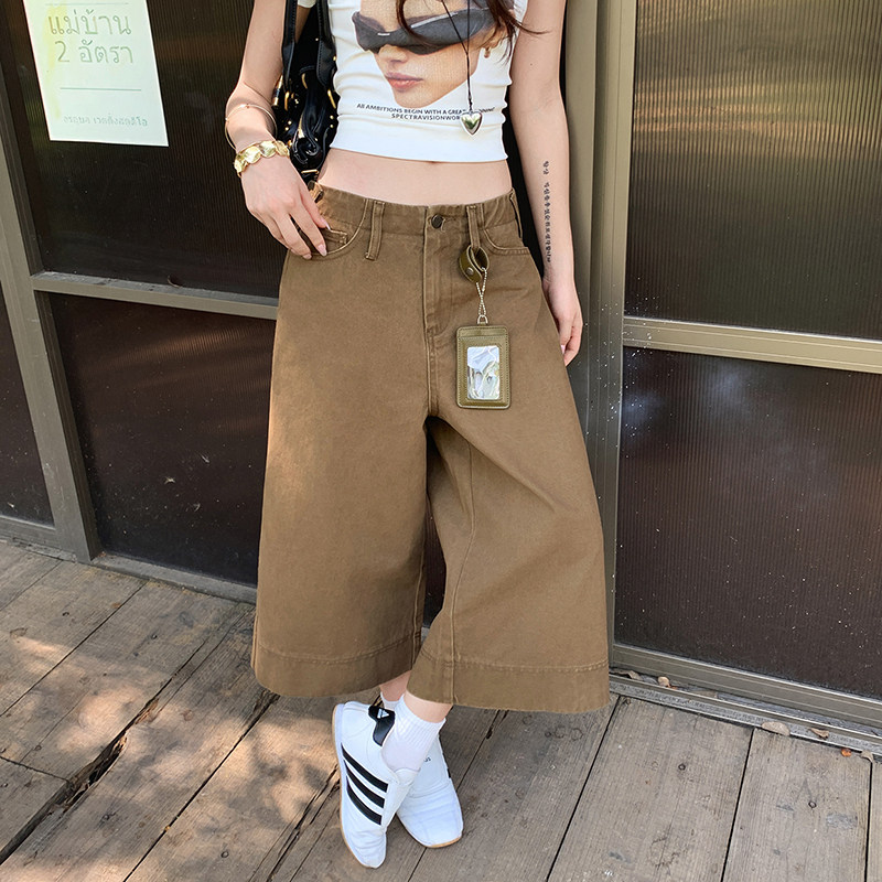 潮源美式美式高腰垂感七分裤百搭阔腿裤夏季新款2026直筒牛仔裤女