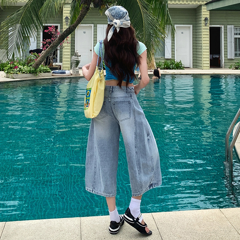 潮源辣妹七分阔腿裤女2026夏季新款弯刀高腰宽松牛仔潮流直筒裤
