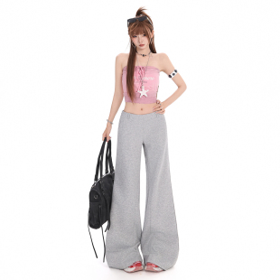 女 女中低腰宽松垂感拖地辣妹长裤 2211新款 浅灰色微喇叭休闲裤