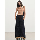 常规&加 女 Vogue 黄格仔翻边｜时髦韩味｜拼接蓝格阔腿牛仔裤