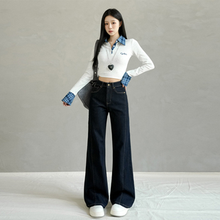 单宁蓝立体分割显瘦微喇牛仔裤女2025年秋季新款修身喇叭长裤子