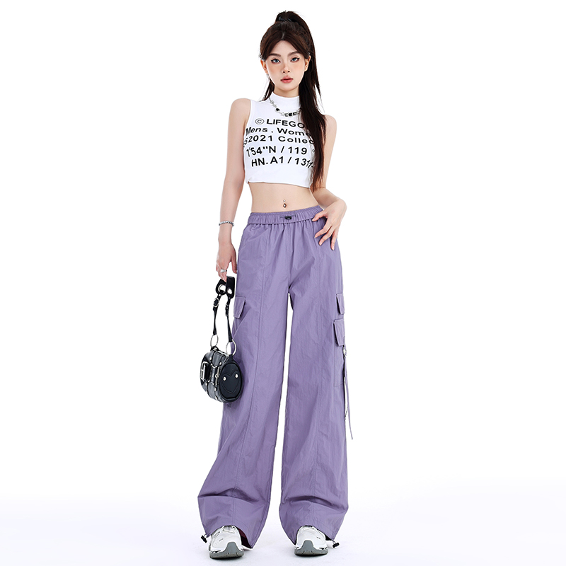 点赞261#紫色美式工装裤女港风宽松抽绳直筒阔腿束脚机能卫裤女3