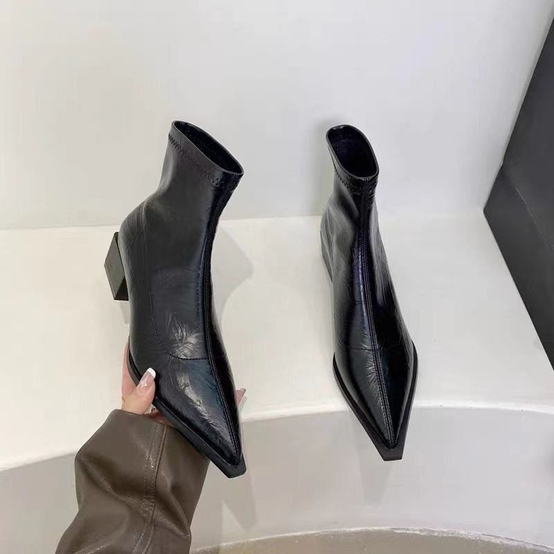 法式尖头短靴女靴子2025年秋冬新款粗跟弹力瘦瘦靴银色中跟时装靴,女鞋,时装靴,淘宝优惠券,粉丝福利购,淘宝优惠卷