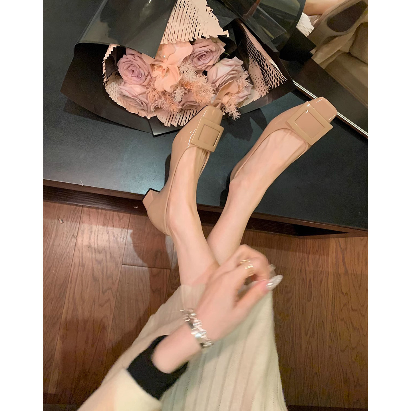 粗跟方头单鞋女浅口方扣漆皮职业通勤上班工作鞋中跟简约百搭高跟