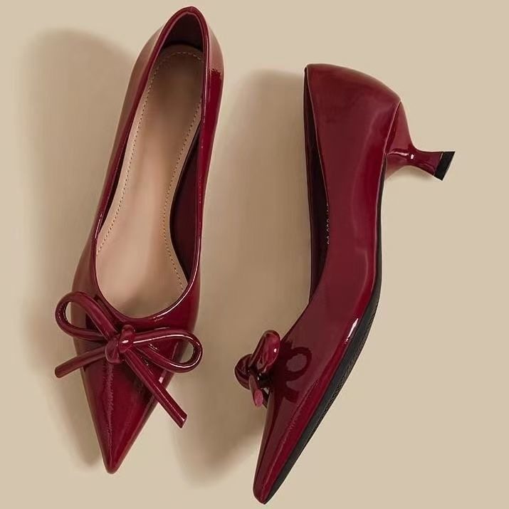 法式尖头细跟单鞋女气质蝴蝶结不累脚高跟鞋浅口中跟红色新娘婚鞋,女鞋,浅口单鞋,淘宝优惠券,粉丝福利购,淘宝优惠卷