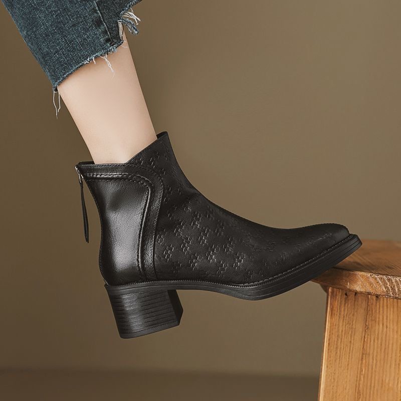 洋气小短靴女春秋单靴圆头中跟高跟靴粗跟真皮后拉链羊皮加绒杏色,女鞋,时装靴,淘宝优惠券,粉丝福利购,淘宝优惠卷