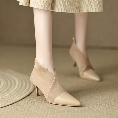 羊皮法式小踝靴短靴高级感尖头细跟单鞋小众裸色高跟鞋真皮靴子女