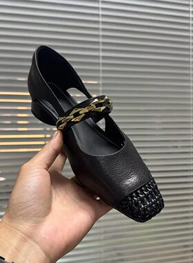 3cm/羊皮/法式镂空夏季女鞋透气时尚编织方头一字带粗跟单鞋凉鞋