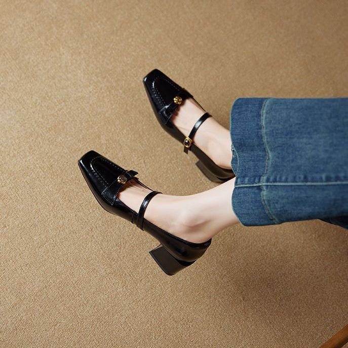 真皮方头山茶花中跟玛丽珍鞋女2025新款一字扣带浅口漆皮粗高跟鞋,女鞋,浅口单鞋,淘宝优惠券,粉丝福利购,淘宝优惠卷