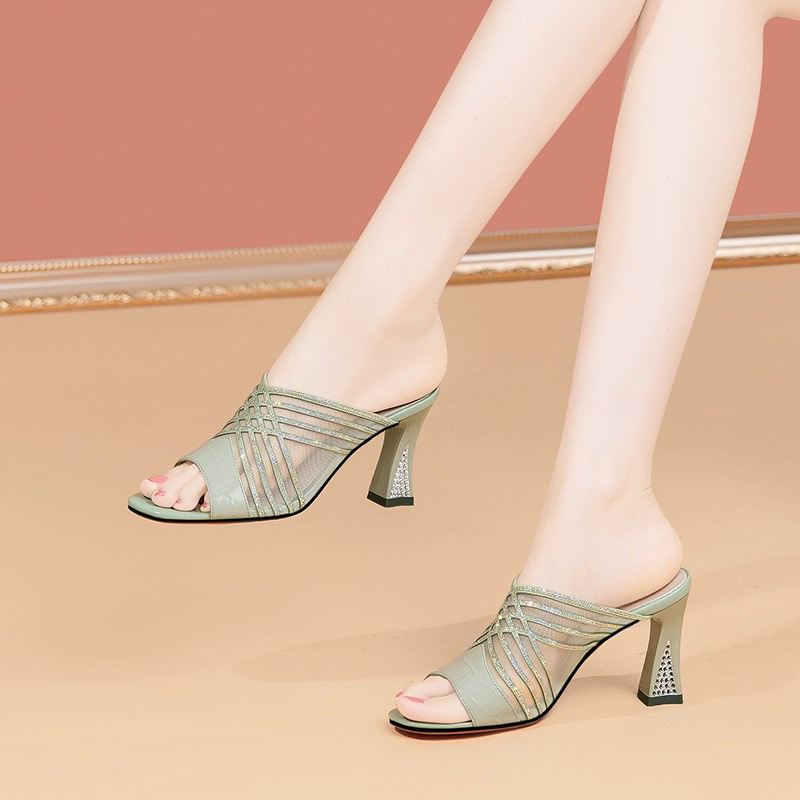 2025夏季新款高跟凉拖鞋女真皮网纱仙女风粗跟皮拖外穿一字拖凉鞋