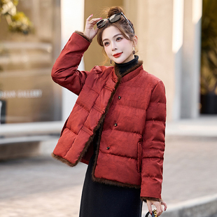 新中式国风立领羽绒服女红色短款白鸭绒保暖外套高级感冬季毛领