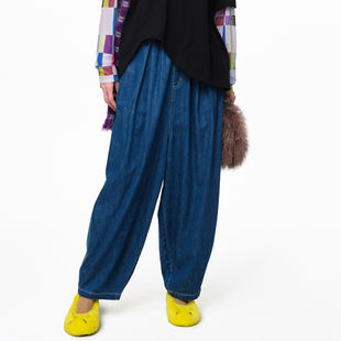 女 .FUN系列松紧腰腰绳贴袋褶皱牛仔直筒裤 MOVEUP幻走2025夏季 新款