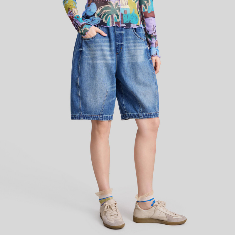 MOVEUP幻走2026春季新款.FUN系列松紧腰口袋猫咪绣花牛仔短裤女