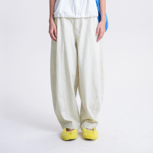 女 .FUN系列后腰松紧亚麻撞色线休闲直筒裤 MOVEUP幻走2026春季 新款