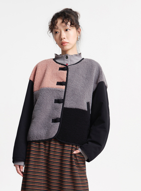 MOVEUP幻走2025冬季新款.FUN系列撞色拼接蘑菇扣口袋短款外套女