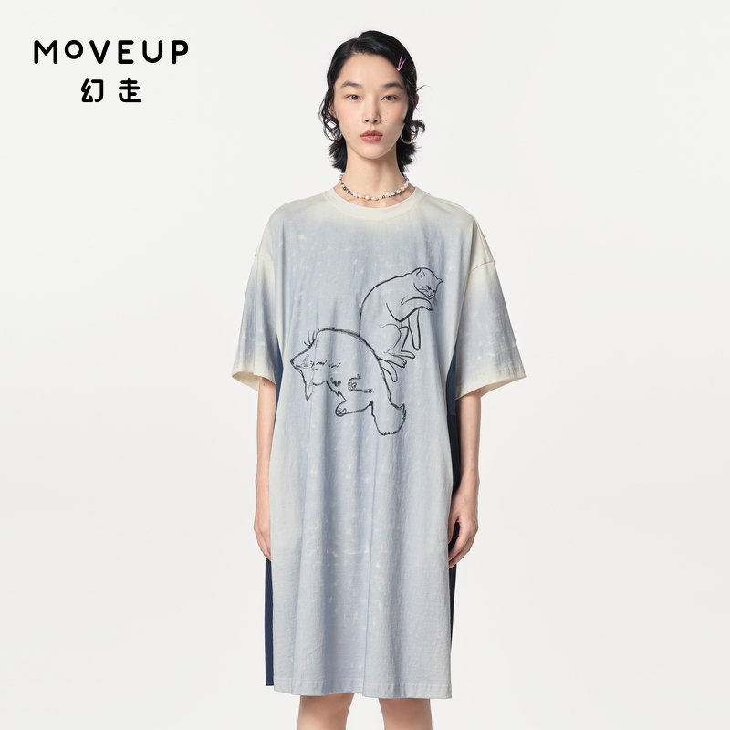 MOVEUP幻走2024春季新款.FUN系列撞布拼接猫咪设计师针织连衣裙 女装/女士精品 连衣裙 原图主图