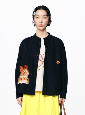 MOVEUP幻走2025秋季新款.FUN系列纯棉小立领松鼠绣花短款衬衫女