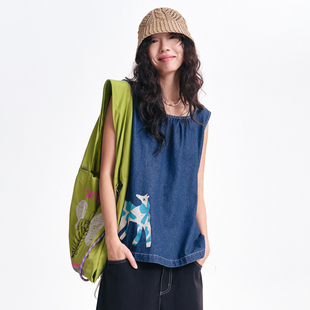 MOVEUP幻走2026春季新款.FUN系列趣味印花抽绳牛仔短款背心女