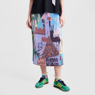 MOVEUP幻走2026春季 .FUN系列松紧腰多巴胺印花条纹压褶半身裙 新款