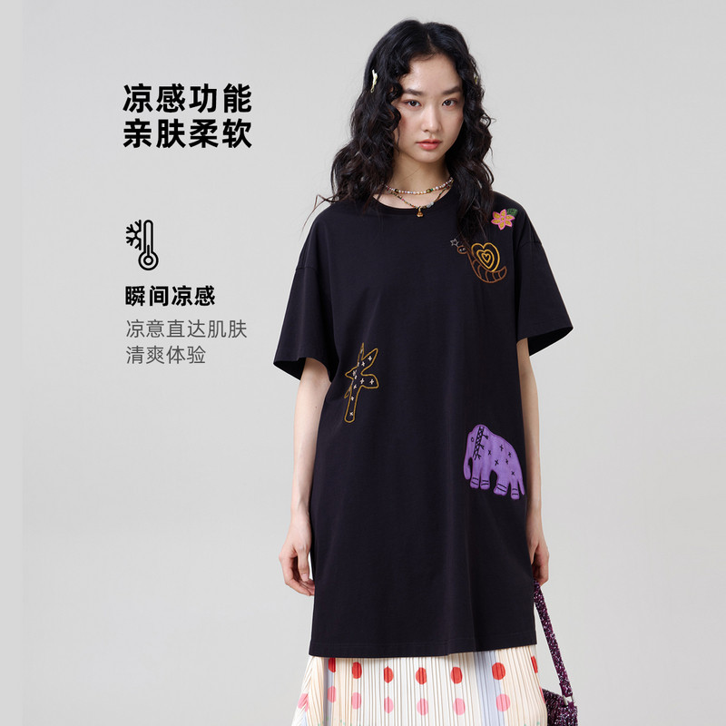 MOVEUP幻走2026夏季新款.FUN系列圆领落肩绣花凉感中长款T恤女