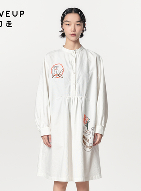 MOVEUP幻走2024春季新款.FUN系列圆领纯棉趣味绣花白色连衣裙女