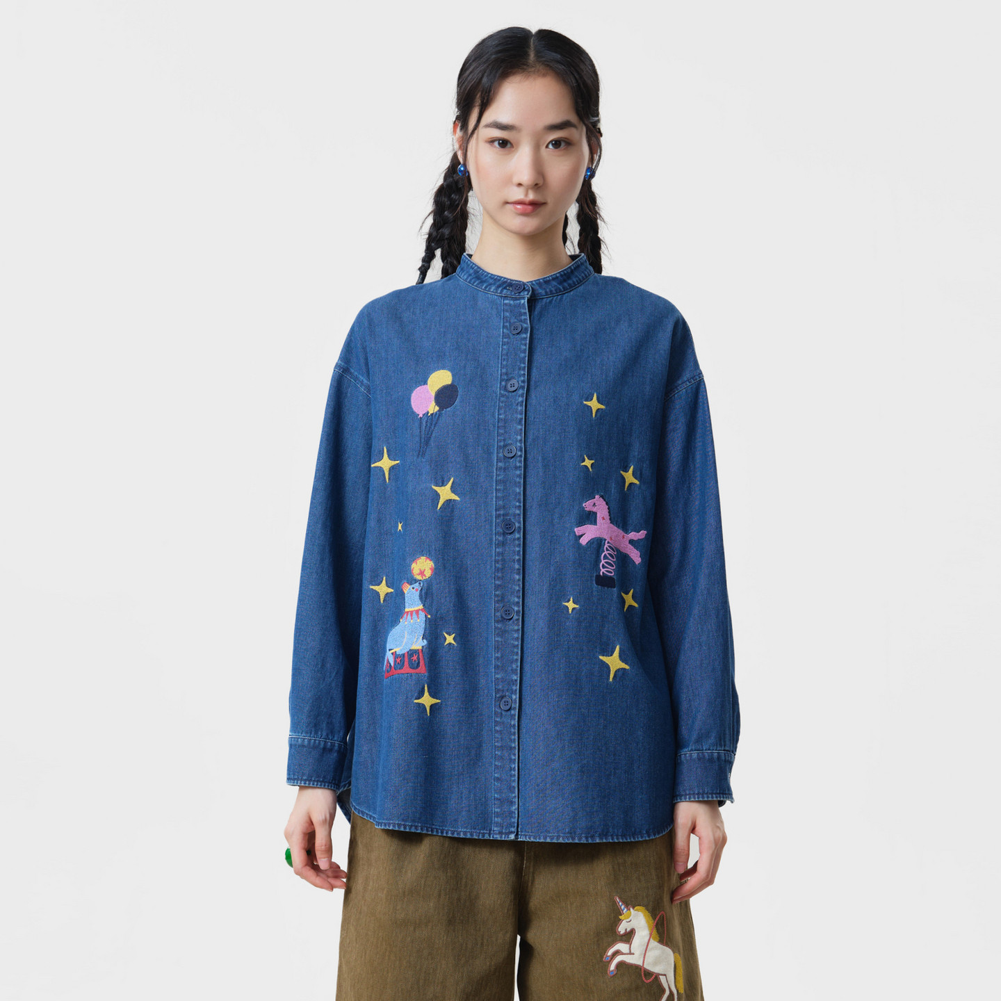 幻走秋纯棉圆领牛仔中长款衬衫图片