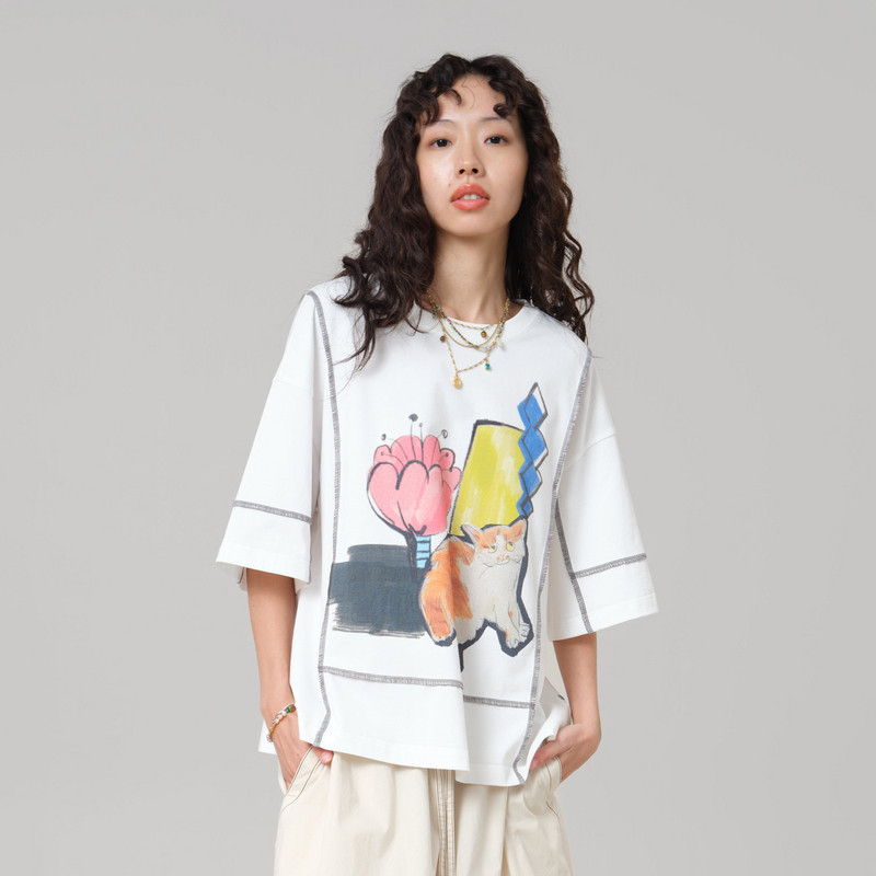 MOVEUP幻走2026夏季新款.FUN系列圆领印花撞色线休闲短款T恤女