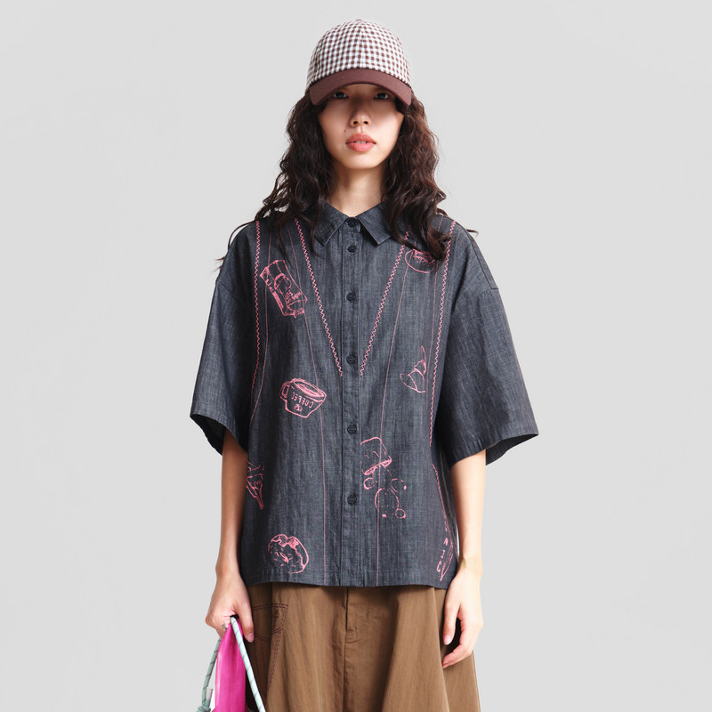 MOVEUP幻走2026春季新款.FUN系列纯棉翻领撞色线印绣花短款衬衫女