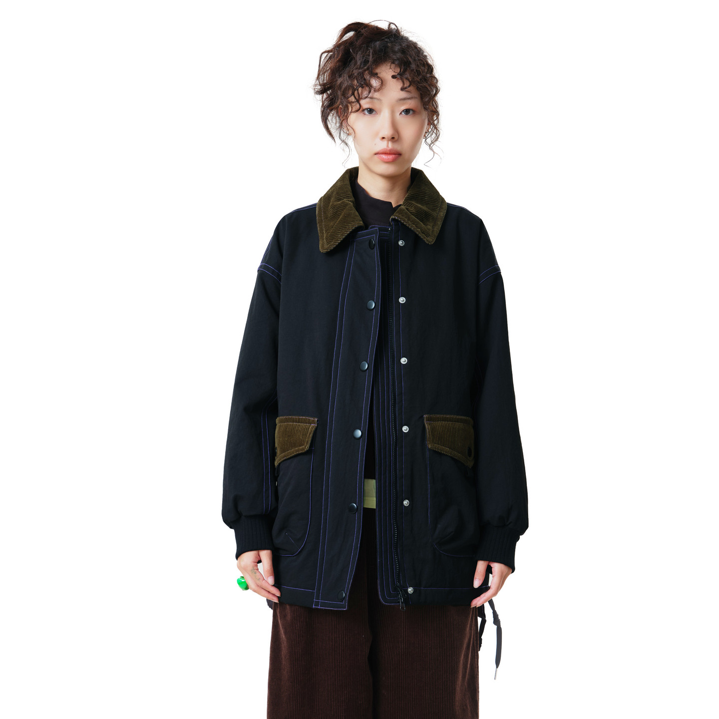 MOVEUP幻走2026秋冬新款拼接撞色拼接夹棉巴恩风中长款棉服外套女