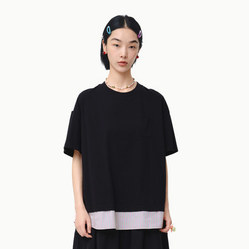 圆领、小贴袋、面料拼接、碎褶