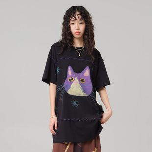 T恤女 .FUN系列圆领趣味印花撞色线中长款 MOVEUP幻走2026夏季 新款