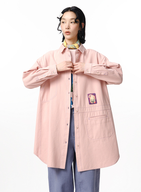 MOVEUP幻走2025秋季新款.FUN系列纯棉绣花章仔撞色线长款衬衫女