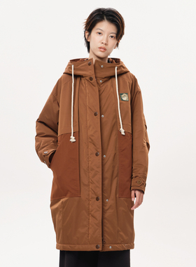 MOVEUP幻走2025冬季新款.FUN系列绣花章仔四合扣坑条长款棉外套女