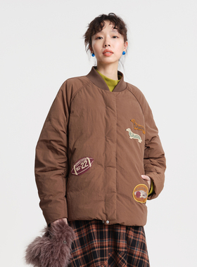 MOVEUP幻走2025冬季新款.FUN系列绣花章仔拉链口袋短款羽绒服女