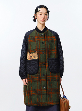 MOVEUP幻走2025秋季新款.FUN系列猫脸绣花贴袋拼接长款毛呢外套女